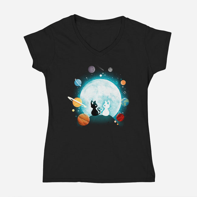 Moon Cat Planets-womens v-neck tee-Vallina84