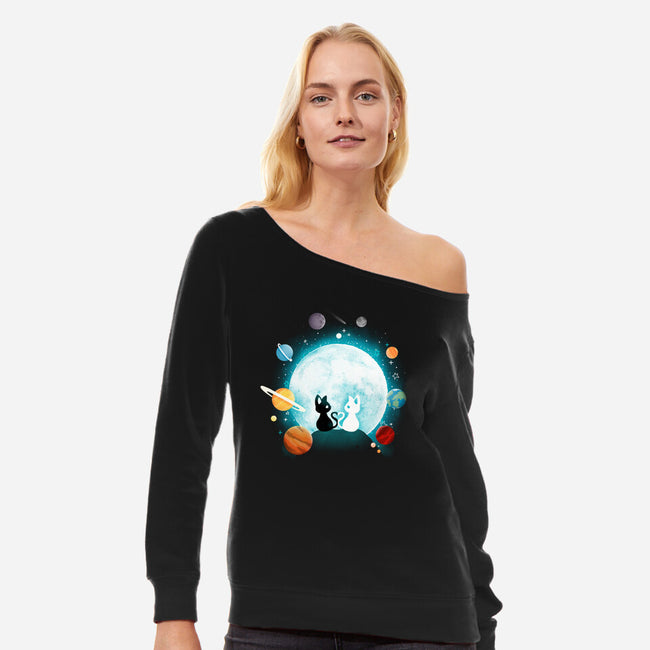 Moon Cat Planets-womens off shoulder sweatshirt-Vallina84