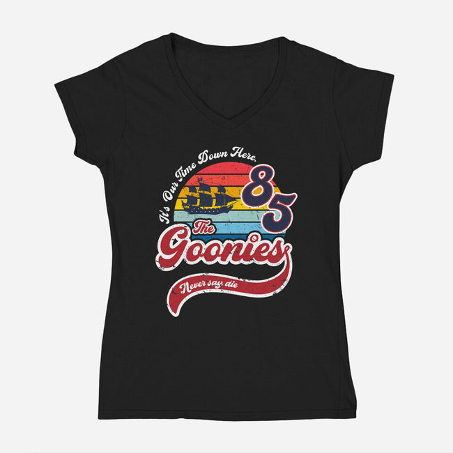 Goonies Never Say Die-womens v-neck tee-DrMonekers