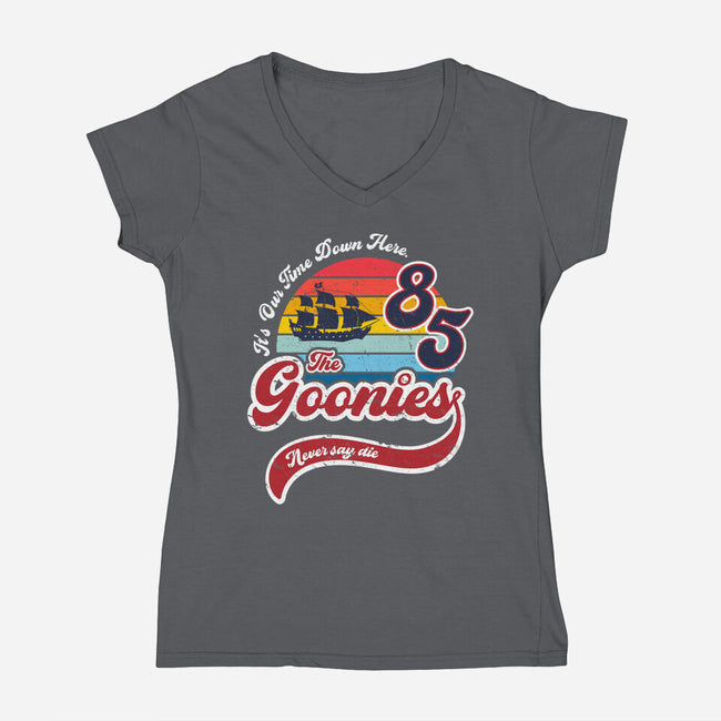 Goonies Never Say Die-womens v-neck tee-DrMonekers