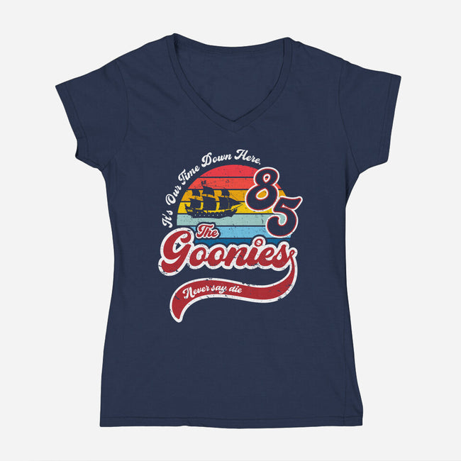 Goonies Never Say Die-womens v-neck tee-DrMonekers