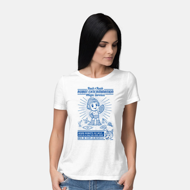 Mega Robot Extermination Services-womens basic tee-Firebrander