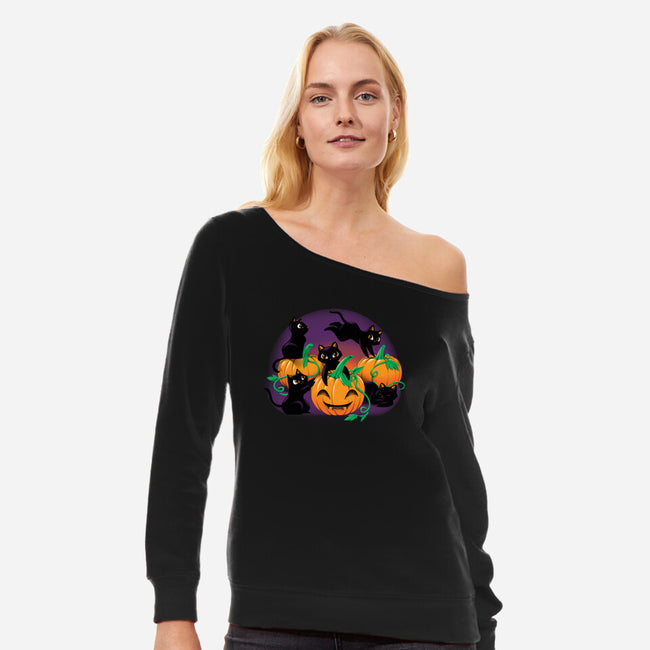 Hello Cat Halloween-womens off shoulder sweatshirt-tobefonseca