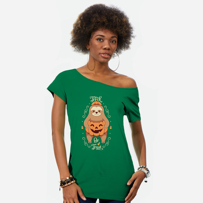 Sloth Trick Or Treat-womens off shoulder tee-Alundrart