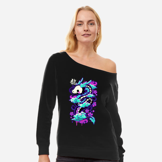 Cyber Ghost Dragon-womens off shoulder sweatshirt-NemiMakeit