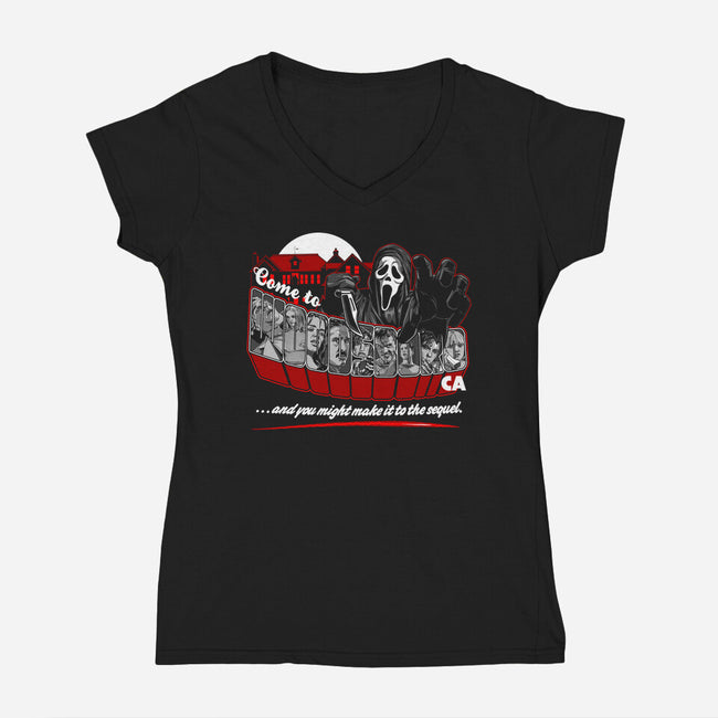 Come To Woodsboro-womens v-neck tee-goodidearyan