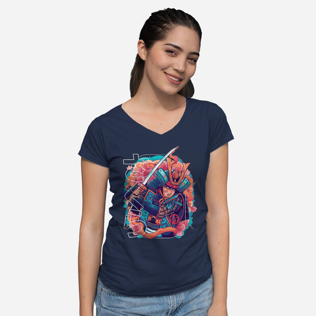 Sakura Floral Samurai-womens v-neck tee-Bruno Mota