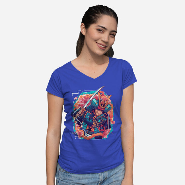 Sakura Floral Samurai-womens v-neck tee-Bruno Mota