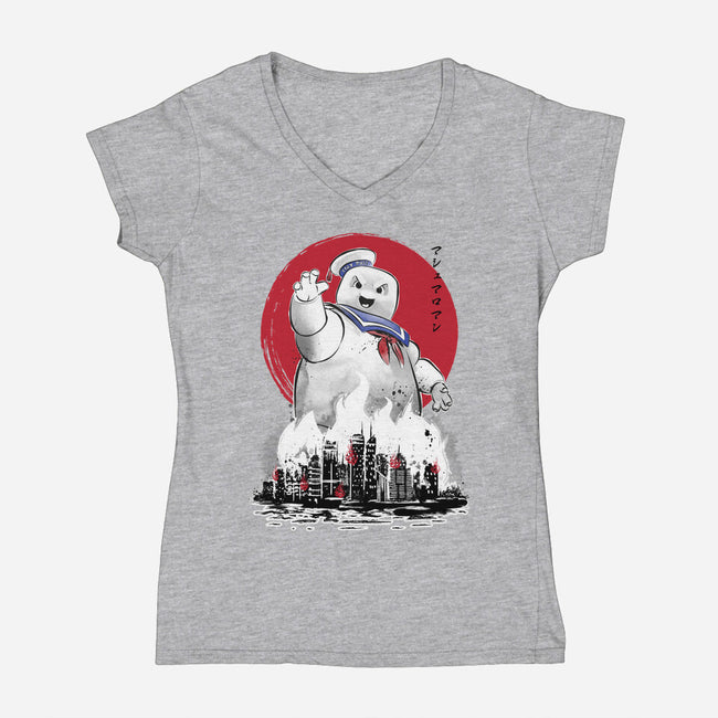 Marshmallow Man Sumi-E-womens v-neck tee-DrMonekers