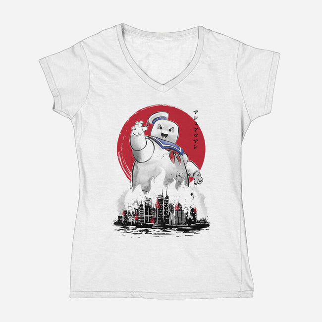 Marshmallow Man Sumi-E-womens v-neck tee-DrMonekers