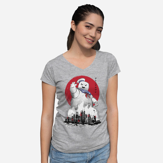 Marshmallow Man Sumi-E-womens v-neck tee-DrMonekers