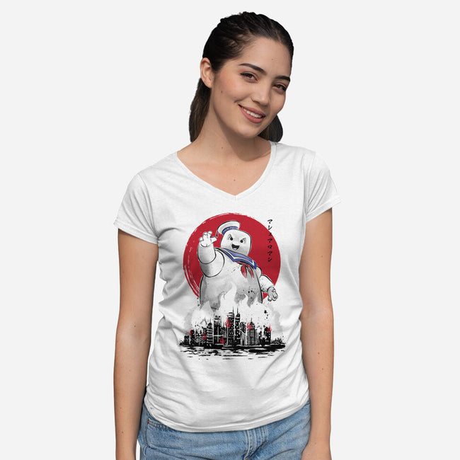 Marshmallow Man Sumi-E-womens v-neck tee-DrMonekers