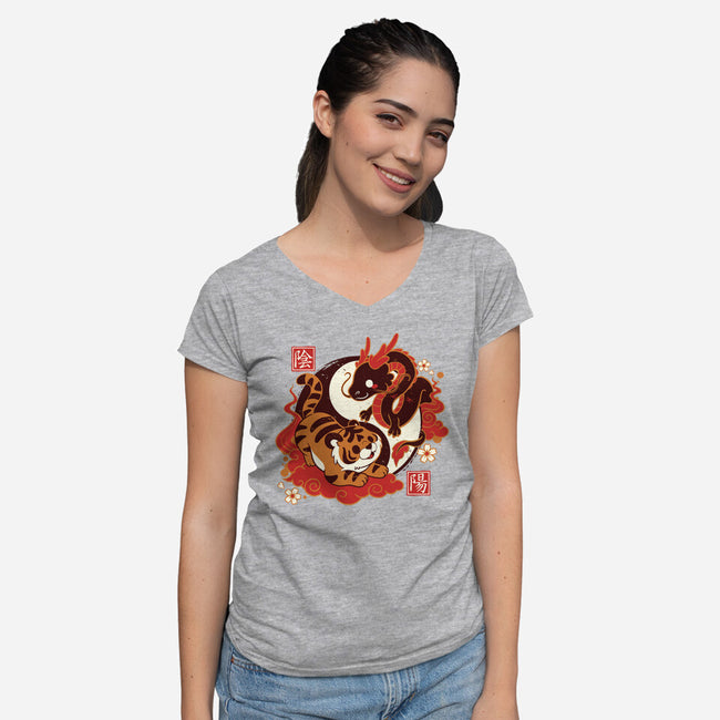 Yin And Yang Tiger Dragon-womens v-neck tee-NemiMakeit