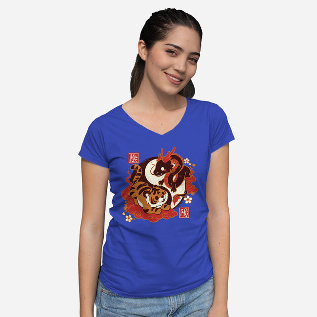 Yin And Yang Tiger Dragon-womens v-neck tee-NemiMakeit
