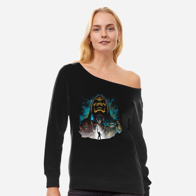 Villains Of Eternia-womens off shoulder sweatshirt-trheewood