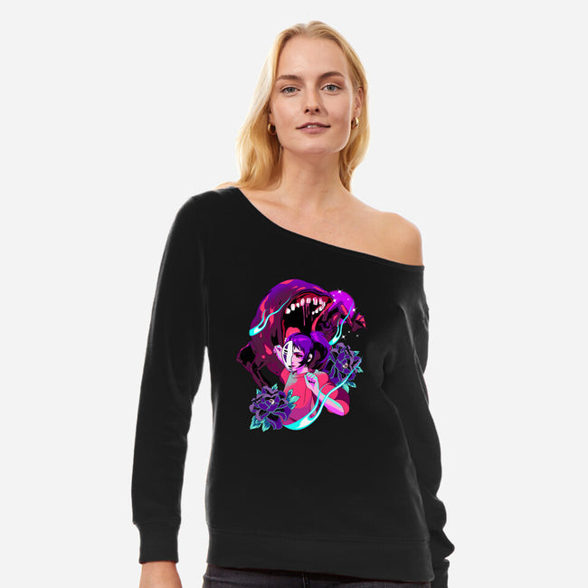 Spirit Monster Fight-womens off shoulder sweatshirt-heydale