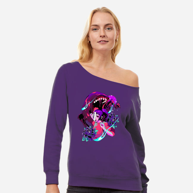 Spirit Monster Fight-womens off shoulder sweatshirt-heydale