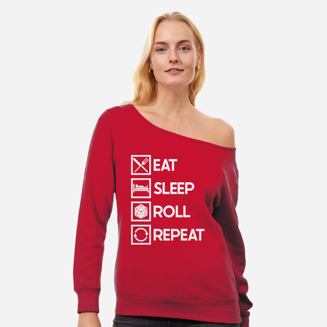 Eat Sleep Roll-womens off shoulder sweatshirt-Nickbeta Designs