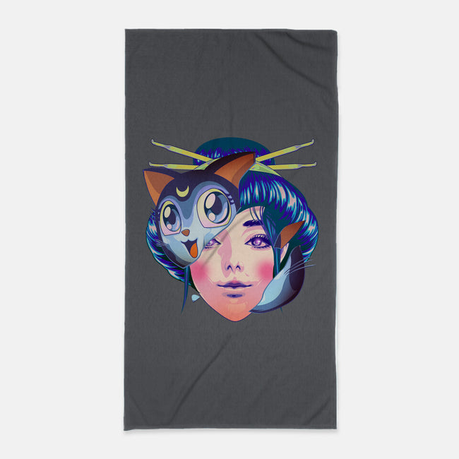 Geisha Luna Cat Mask-none beach towel-heydale