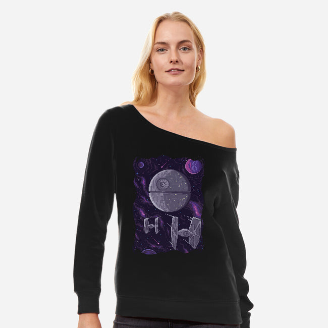 Pixel Death Star-womens off shoulder sweatshirt-danielmorris1993