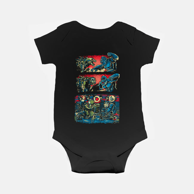 Gojira And The Mushroom Kingdom-baby basic onesie-Knegosfield