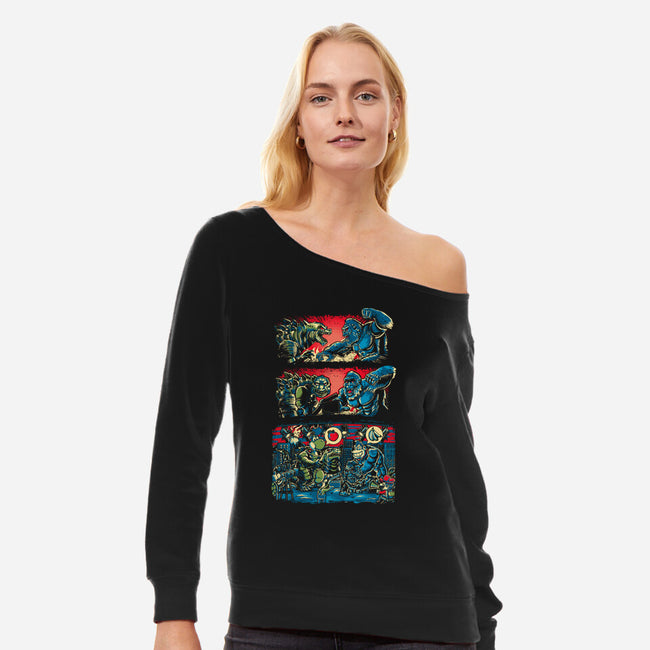 Gojira And The Mushroom Kingdom-womens off shoulder sweatshirt-Knegosfield