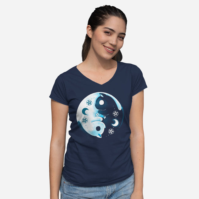 Yin Yang Moon Cats-womens v-neck tee-Vallina84