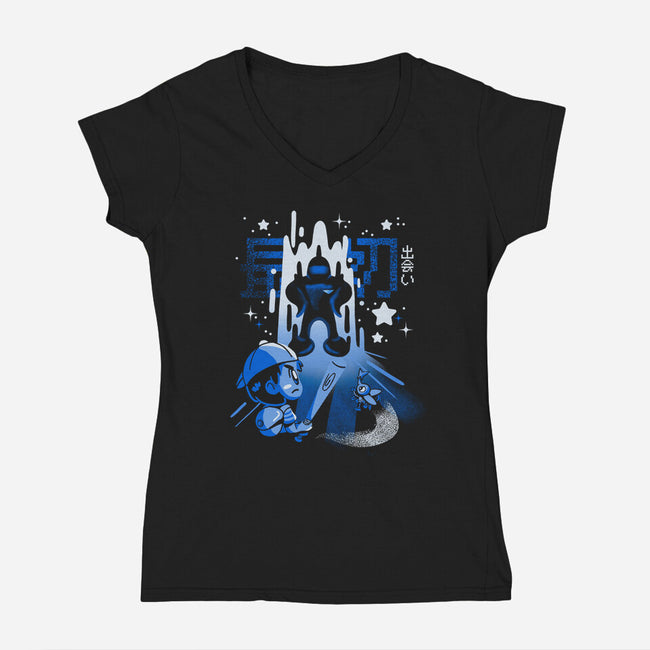 First Encounters-womens v-neck tee-Sketchdemao