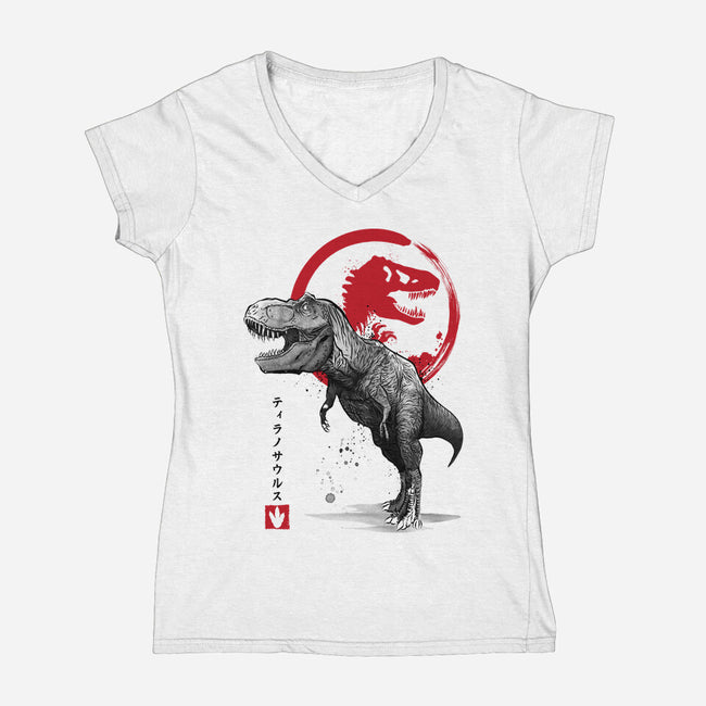 Tyrannosaurus Sumi-E-womens v-neck tee-DrMonekers