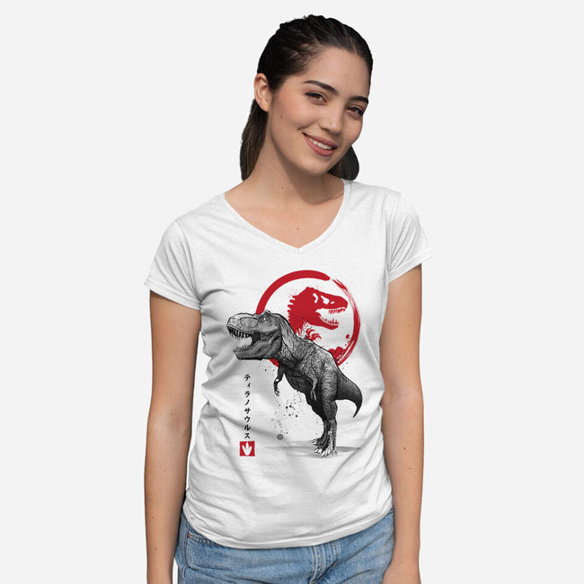 Tyrannosaurus Sumi-E-womens v-neck tee-DrMonekers
