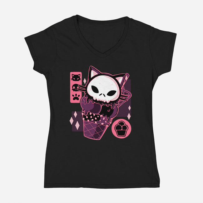 Skull Kitty Cream-womens v-neck tee-xMorfina