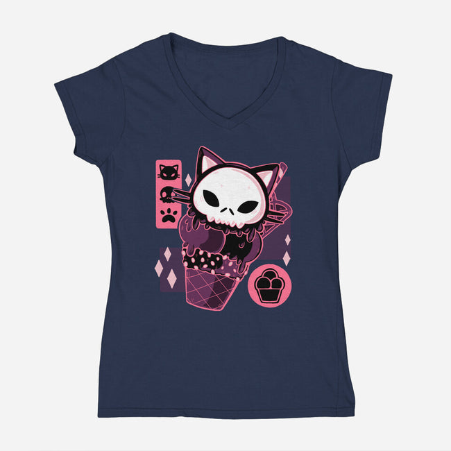 Skull Kitty Cream-womens v-neck tee-xMorfina