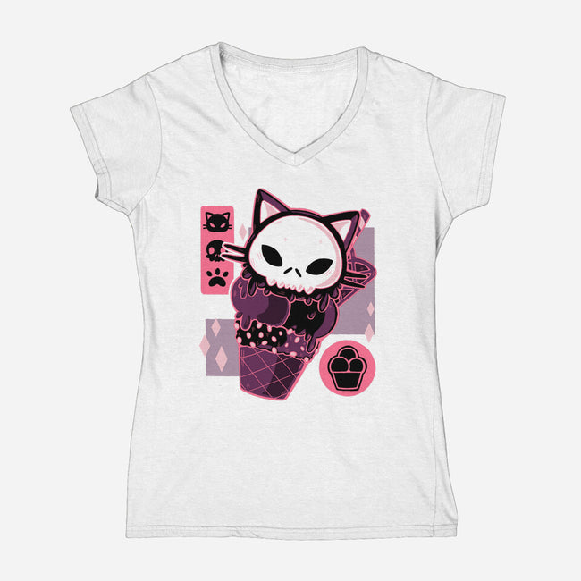 Skull Kitty Cream-womens v-neck tee-xMorfina