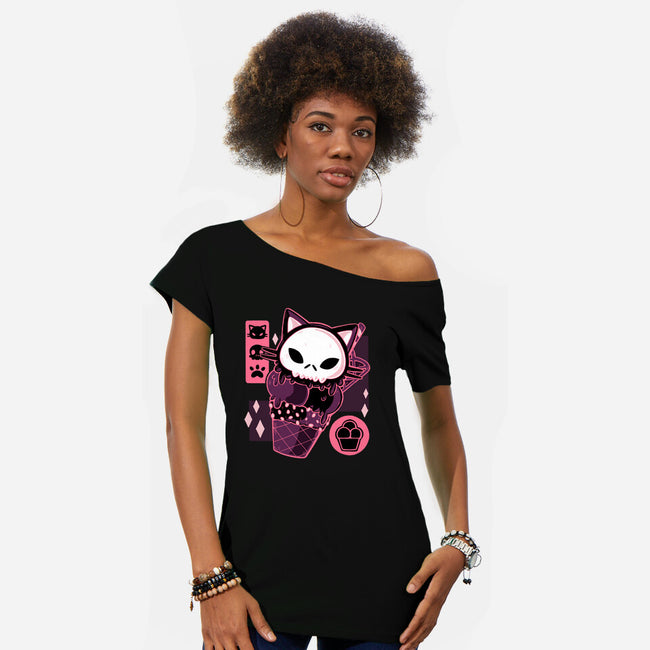 Skull Kitty Cream-womens off shoulder tee-xMorfina