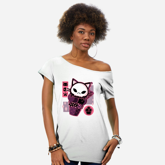 Skull Kitty Cream-womens off shoulder tee-xMorfina