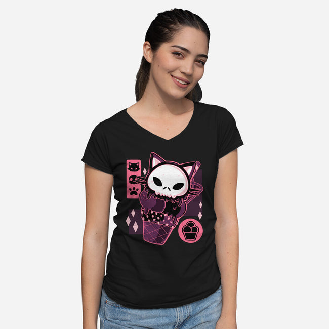 Skull Kitty Cream-womens v-neck tee-xMorfina