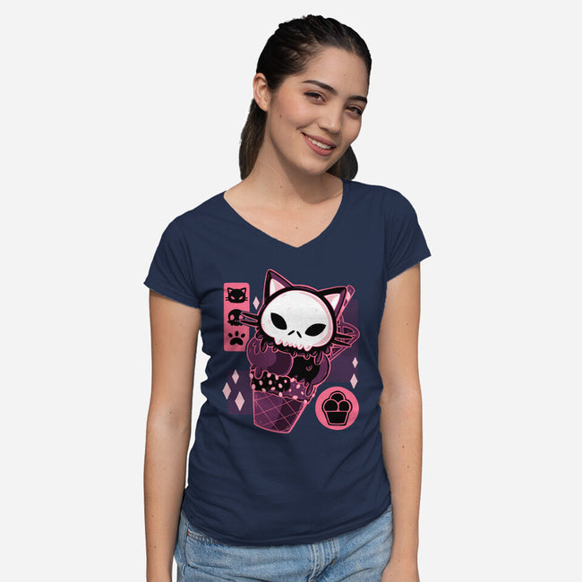 Skull Kitty Cream-womens v-neck tee-xMorfina