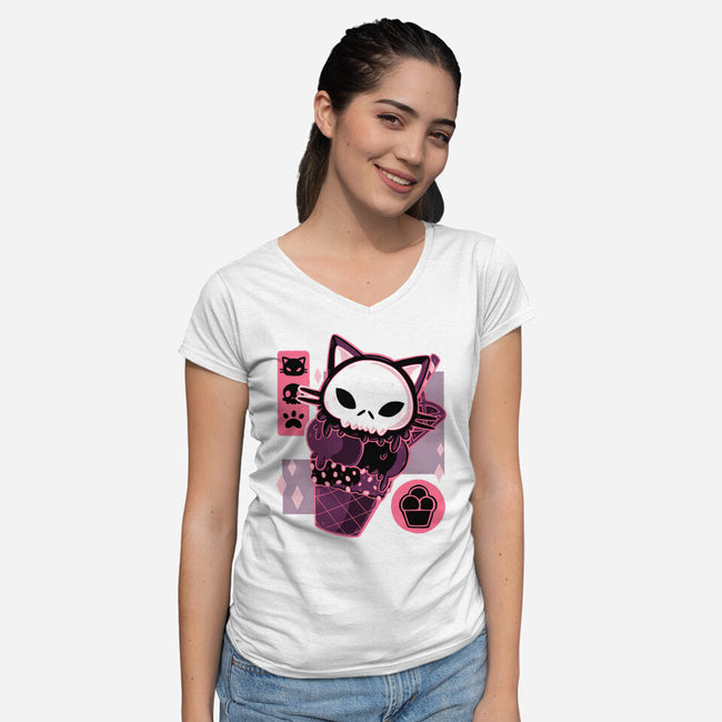 Skull Kitty Cream-womens v-neck tee-xMorfina