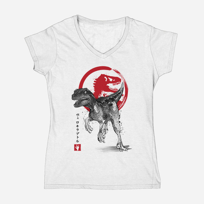 Velociraptor Sumi-E-womens v-neck tee-DrMonekers