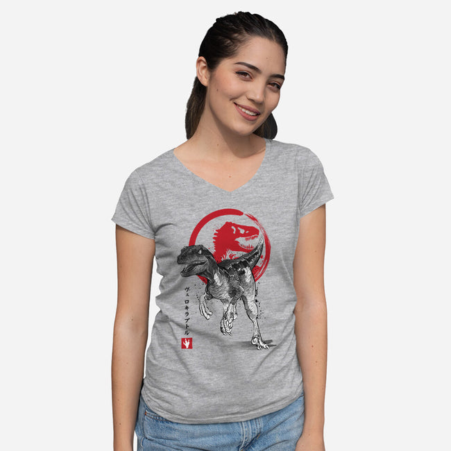 Velociraptor Sumi-E-womens v-neck tee-DrMonekers