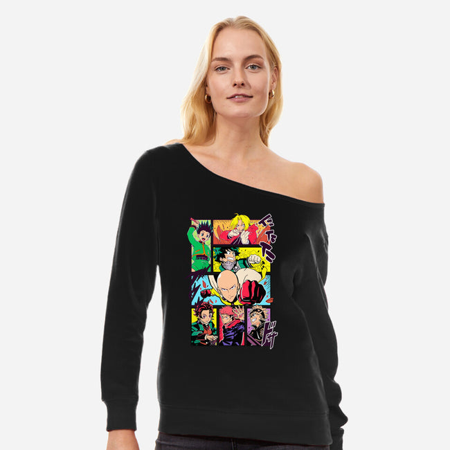 Shonen Characters-womens off shoulder sweatshirt-Bellades