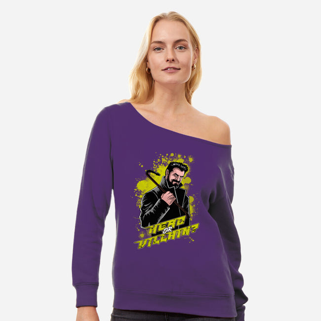 Hero Or Butcher?-womens off shoulder sweatshirt-Diego Oliver