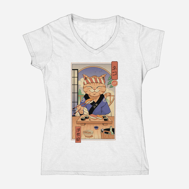 Sushi Cat In Edo-womens v-neck tee-vp021