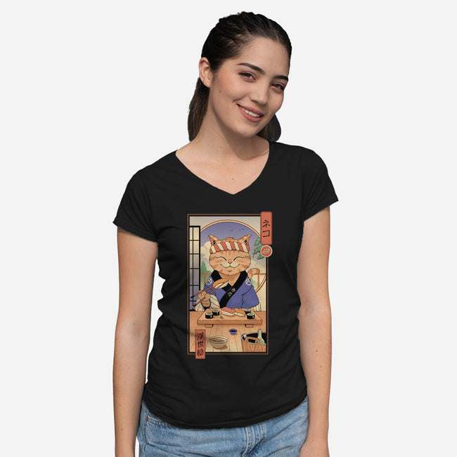 Sushi Cat In Edo-womens v-neck tee-vp021