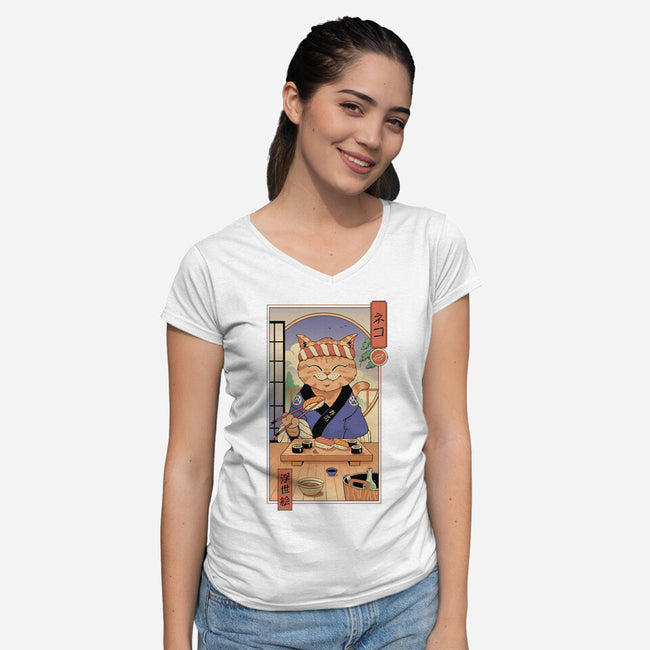 Sushi Cat In Edo-womens v-neck tee-vp021