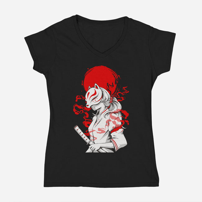 Kitsune Samurai Girl-womens v-neck tee-Faissal Thomas