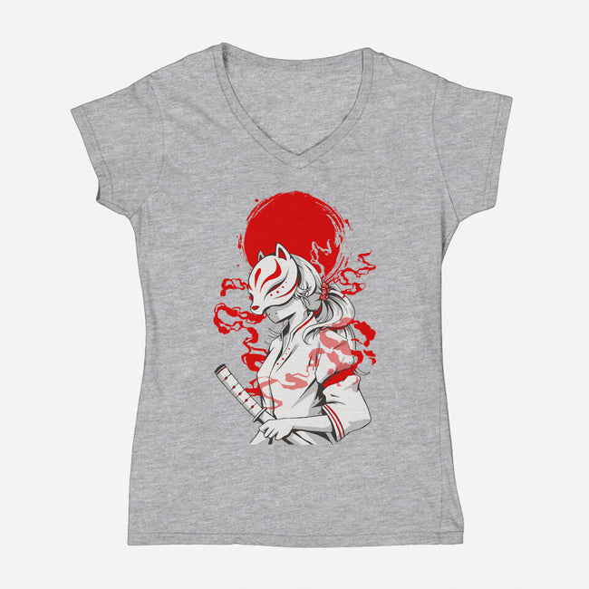Kitsune Samurai Girl-womens v-neck tee-Faissal Thomas