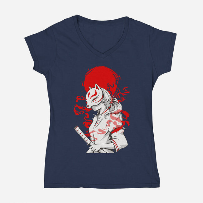 Kitsune Samurai Girl-womens v-neck tee-Faissal Thomas