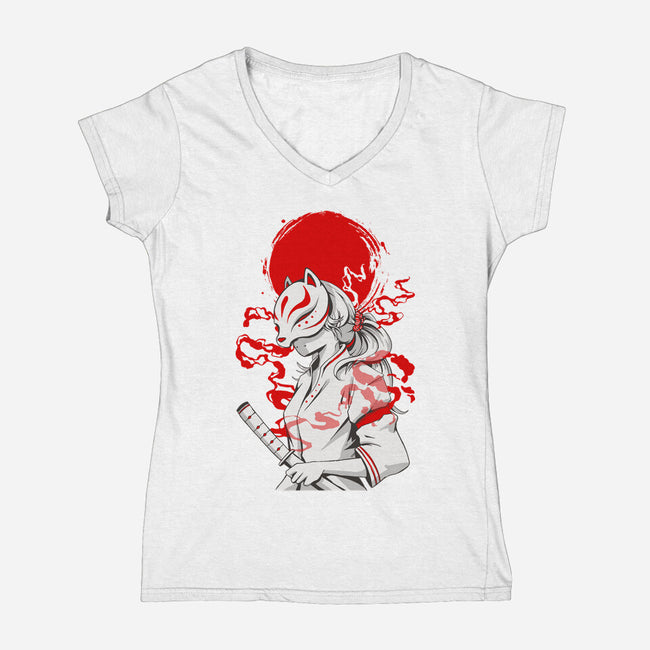Kitsune Samurai Girl-womens v-neck tee-Faissal Thomas