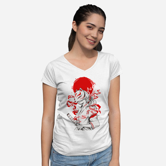 Kitsune Samurai Girl-womens v-neck tee-Faissal Thomas